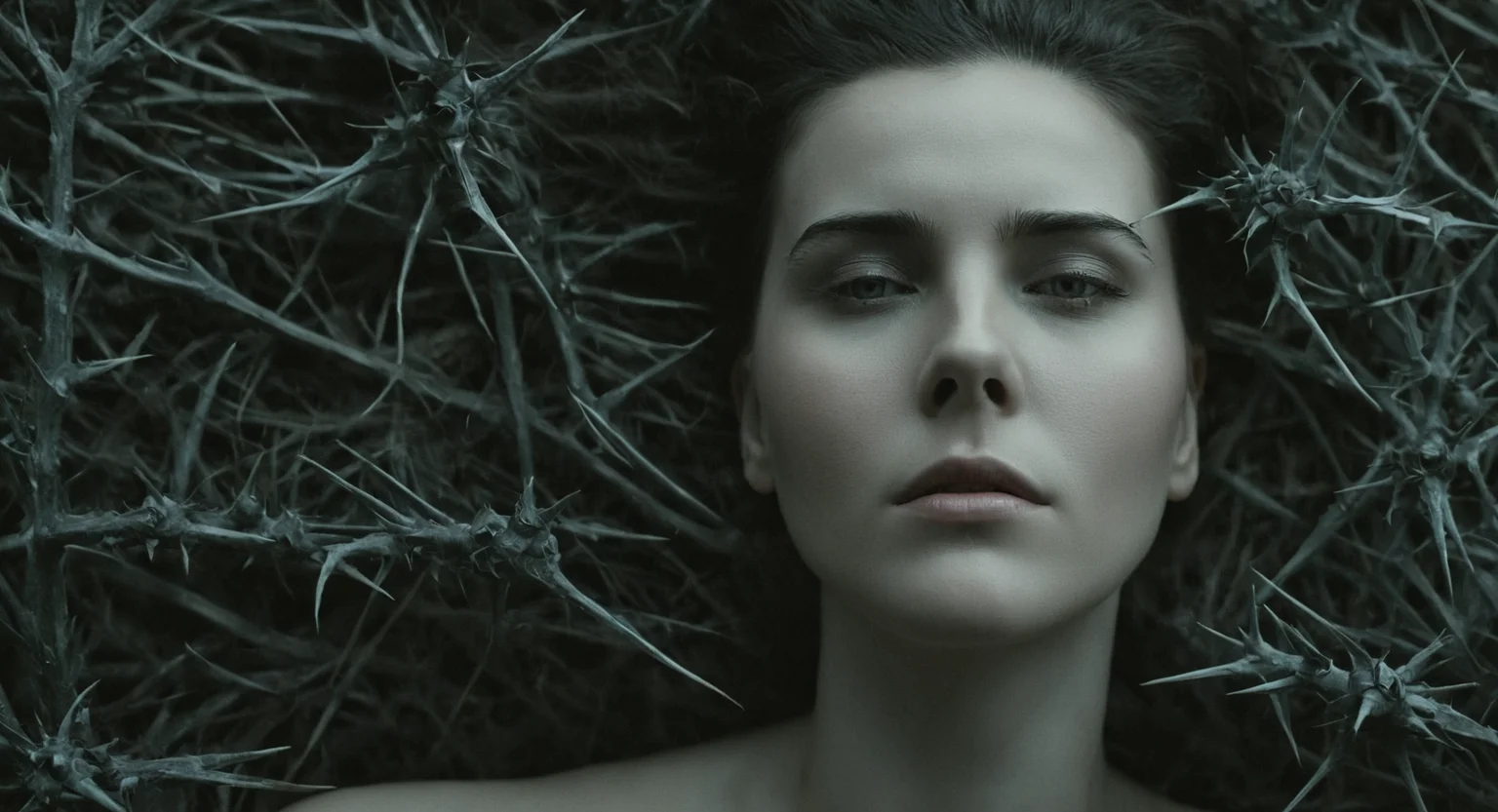 cinematic film still of <lora:Fine art photography style:1>
Closeup,From above,Juxtaposition of a creepy disturbing photo of a woman3 with her eyes closed covered in hair and thorns,solo,monochrome,greyscale,no humans,plant,horror (theme) Juxtaposition,artistic,photography,dramatic light,dramatic shadow light,contrast,saturated color,cinematic,filmic,photographic,realistic,realism,perfection,perfect,Juxtaposed,opposite,different things,side by side,syncretism,antithesis,Juxtaposition style,horror (theme) , creative, photorealism, hyperrealism, Fine art photography style, Fine art cinematic photography style, shallow depth of field, vignette, highly detailed, high budget, bokeh, cinemascope, moody, epic, gorgeous, film grain, grainy
