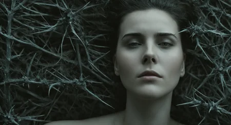cinematic film still of <lora:Fine art photography style:1>
Closeup,From above,Juxtaposition of a creepy disturbing photo of a woman3 with her eyes closed covered in hair and thorns,solo,monochrome,greyscale,no humans,plant,horror (theme) Juxtaposition,artistic,photography,dramatic light,dramatic shadow light,contrast,saturated color,cinematic,filmic,photographic,realistic,realism,perfection,perfect,Juxtaposed,opposite,different things,side by side,syncretism,antithesis,Juxtaposition style,horror (theme) , creative, photorealism, hyperrealism, Fine art photography style, Fine art cinematic photography style, shallow depth of field, vignette, highly detailed, high budget, bokeh, cinemascope, moody, epic, gorgeous, film grain, grainy