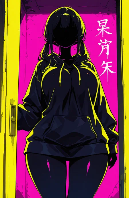 score_9, score_8_up, score_7_up, masterpiece, best quality, very aesthetic, detailed face, (dynamic:1.2), stylized, illustration, dynamic pose, nsfw, girl, small nose, masterpiece, best quality, newest, highres, absurdres, <lora:LeIsT0_style:1>,LeIsT0_illu,Dark anime style,( silhouette of a girl with long twintails, long hair, big breasts, wide hips, hoodie:1.2), (yellow doorway:1.2), (pink walls with Japanese text:1.1), eerie atmosphere, (high contrast:1.2), cyberpunk aesthetics, neon lights, mysterious, foreboding, digital art, 2D illustration, dramatic lighting, moody color palette <lora:ck-shadow-circuit-IL:0.4> in the style of ckscâââ