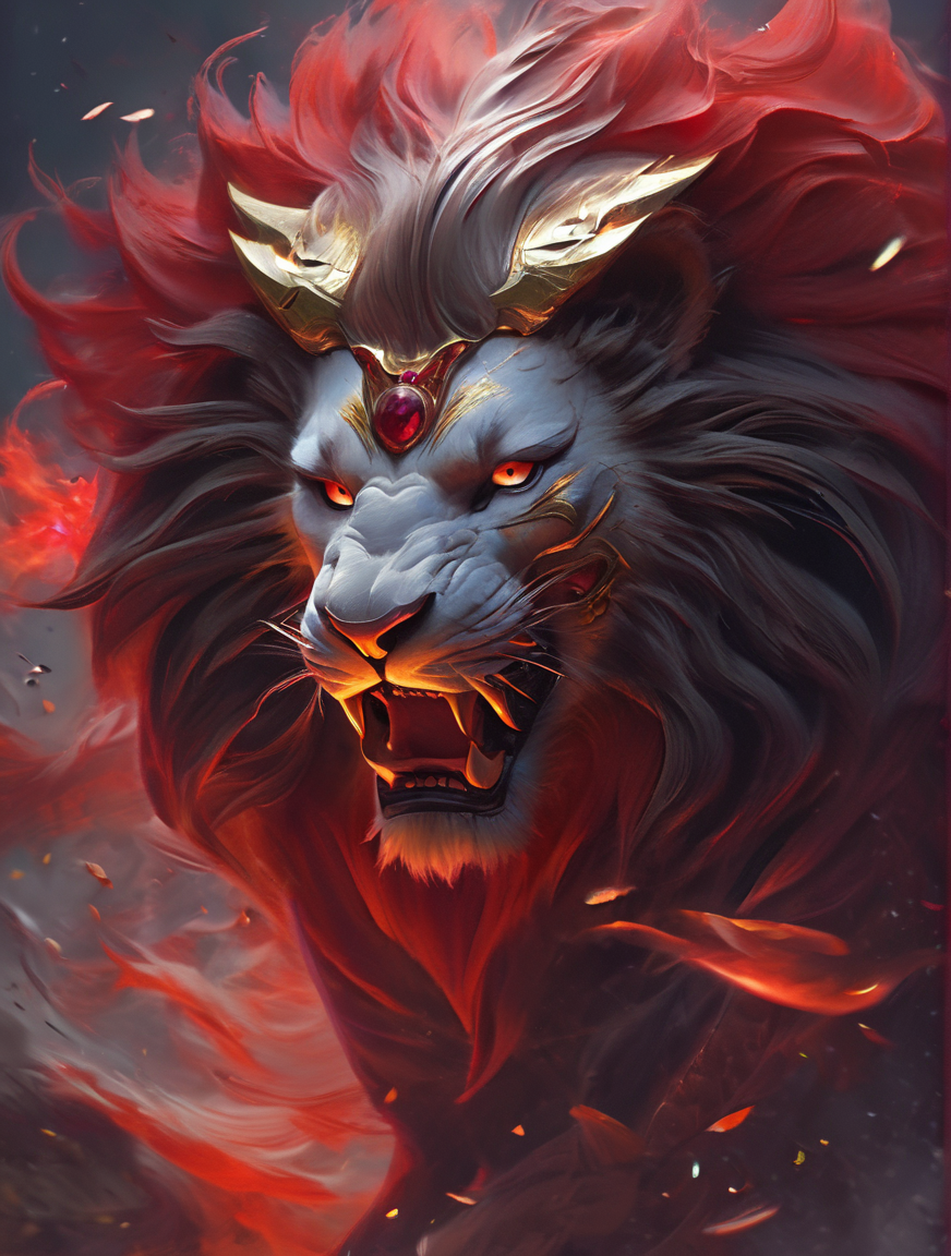 absolutelly epic and ominous masked lion,animal,protected by raging vortex of glowing shards of destruction,heavy armor,cinematic,trending,awardwinning,8k,bldmoon,cloudy sky,oriental,full moon,red glowing eyes,<lora:bloodmoonXL-step00000250:0.6>,zhelong zhu,aleksi briclot,ryan hewett,octane render,unreal engine 5,ray tracing,trending on artstation,splash art,official art
