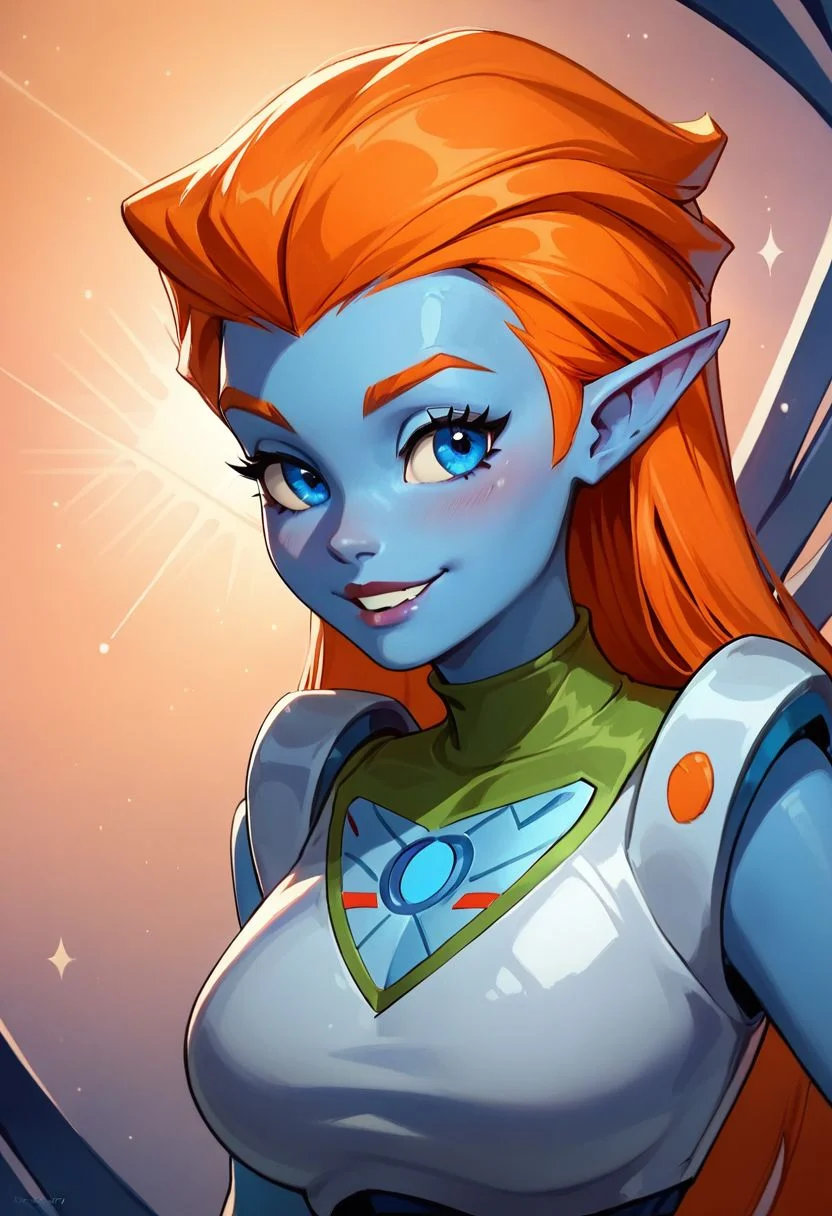 score_9, score_8_up, score_8, big breasts, (curvy), cute, eyelashes,
zzMira, blue eyes, blue skin, orange hair, pointy ears, white spacesuit, portrait, smile,
zPDXL, alien planet background,
hud_jets0n,