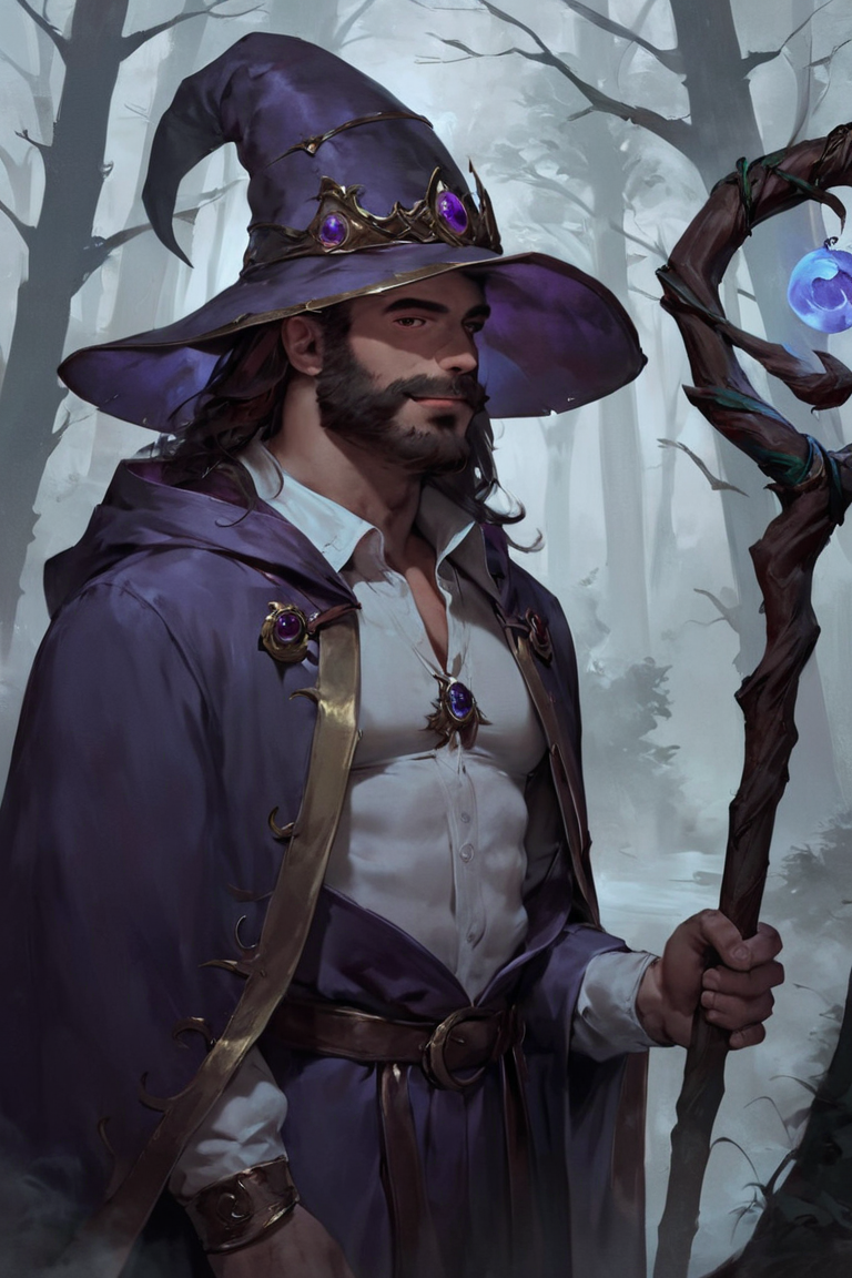 score_9, score_8_up, score_7_up, rating_safe, concept art, realistic, 1boy, solo, male focus, mature male, wizard, long hair, brown hair, black eyes, looking at viewer, hat, facial hair, beard, mustache, staff, wizard hat, purple hat, shirt, collared shirt, robe, purple robe, cloak, holding, holding staff, upper body, standing, outdoors, forest, nature, tree, fog, dark background <lora:Concept Art Twilight Style SDXL_LoRA_Pony Diffusion V6 XL:1>