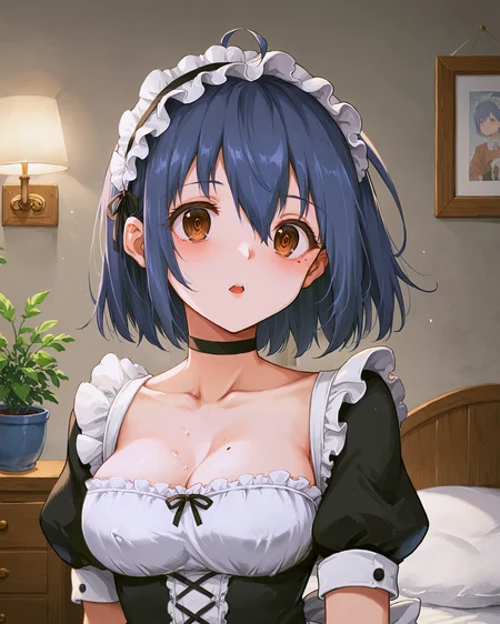 <lora:HAnime_Suzu_XL:0.7> suzu, brown eyes, blue hair, hair between eyes, bangs, ahoge, short hair, maid headdress, gloves, white gloves, short sleeves, puffy sleeves, puffy short sleeves, mole, maid, dress, black dress, frills, frilled dress, apron, maid apron, white apron, frilled apron, upper body,, <lora:9_Detail_Tweaker_XL:0.8>, score_9, score_8_up, score_7_up, source_anime, masterpiece, best quality, highly detailed background, cinematic lighting, detailed eyes, perfect face,, lazy, teenager room, messy, bedroom, bed sheet, closet,