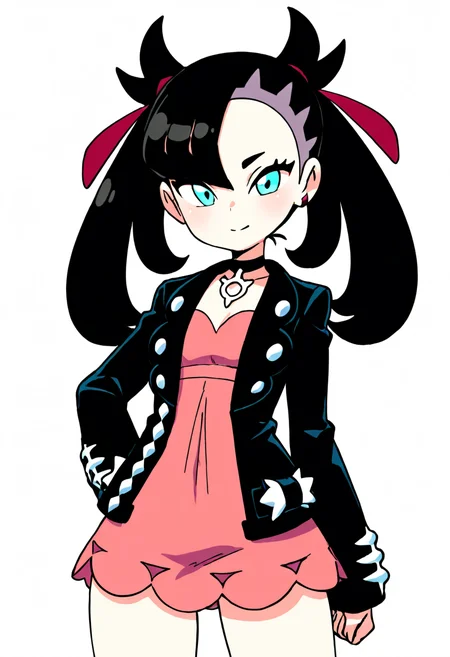 masterpiece, best quality, 1girl, solo, eyelashes, (beautiful eyes), zzMarnie, aqua eyes, black choker, red ribbon, pink dress, jewelry, black jacket, open clothes, long sleeves, <lora:MarniePokemon_NAI_v2:1.0>, smile, looking at viewer, cowboy shot, ,<lora:Diives_NAI:1.0>,