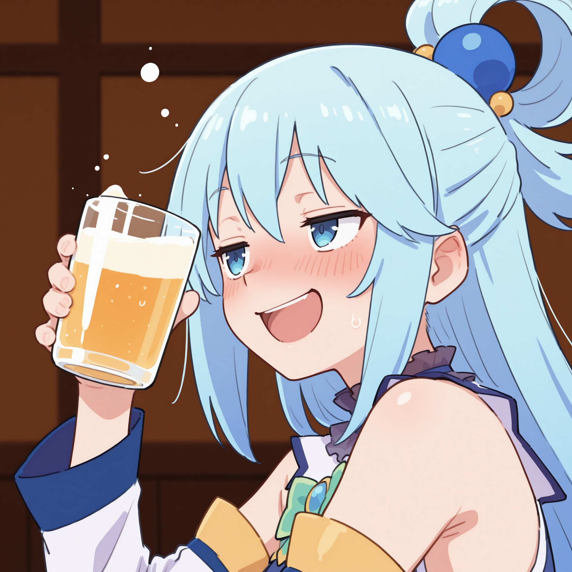 masterpiece, best quality, good quality, very aesthetic, absurdres, newest, 8K, detailed anime, depth of field, focused subject, vibrant colours, anime, BREAK side portrait of Aqua (Konosuba), drunk, happy
 <lora:Artstyle__uwzoa_illustrious:1>