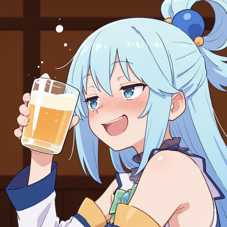 masterpiece, best quality, good quality, very aesthetic, absurdres, newest, 8K, detailed anime, depth of field, focused subject, vibrant colours, anime, BREAK side portrait of Aqua (Konosuba), drunk, happy
 <lora:Artstyle__uwzoa_illustrious:1>