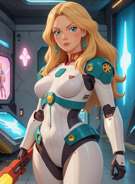 score_9, score_8_up, score_7_up, (masterpiece, best quality, highres, high resolution:1.2), extremely detailed, intricate details, 1girl, solo, nastasya, earrings, blush stickers, confident, cyborg warrior, long hair, blonde, fighting stance, cyber armor, energy weapon, aqua color armor futuristic military suit, shiny white metal, chrome, cowboy shot, looking at viewer, futuristic, complex details, mecha hangar, indoors, neon, sci-fi, gundam,<lora:melnica_girls_pxl_v1.1:0.7>