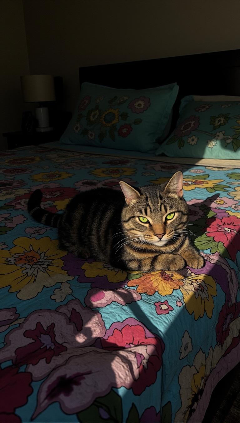 <lora:vintage-activision-flux1-dev-v1-000082.safetensors:1> with a colorful trail tie-dye with vibrant colors crackles with intensity, while black provide a dark contrast. The overall aesthetic is one of calculated reckoning,
A tabby cat with demonic green eyes lies on a tattered, floral-patterned bedspread in a room bathed in dim, sickly light. The quilt appears mangled and stained, as if it's been torn apart by some unseen force. The shadows cast by the faint sunlight seem to writhe like living darkness. The bed covers are disheveled and stained, evoking a sense of despair and hopelessness.