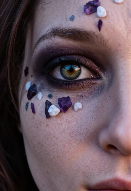 Eyes adorned with makeup that mimics a blooming crystal garden, where jagged amethyst and quartz shards grow outward from the lids, refracting light into a thousand rainbows. The crystals pulse with an inner heartbeat, and her lashes are delicate, glowing filaments that shimmer like fiber optics. Her irises are liquid crystal, shifting colors with every emotion, shot in a radiant, prismatic studio with a Leica SL2, .dng file, highlighting the living, glowing crystalline structures.
, aidmarealisticskin, aidmabaldursgate3