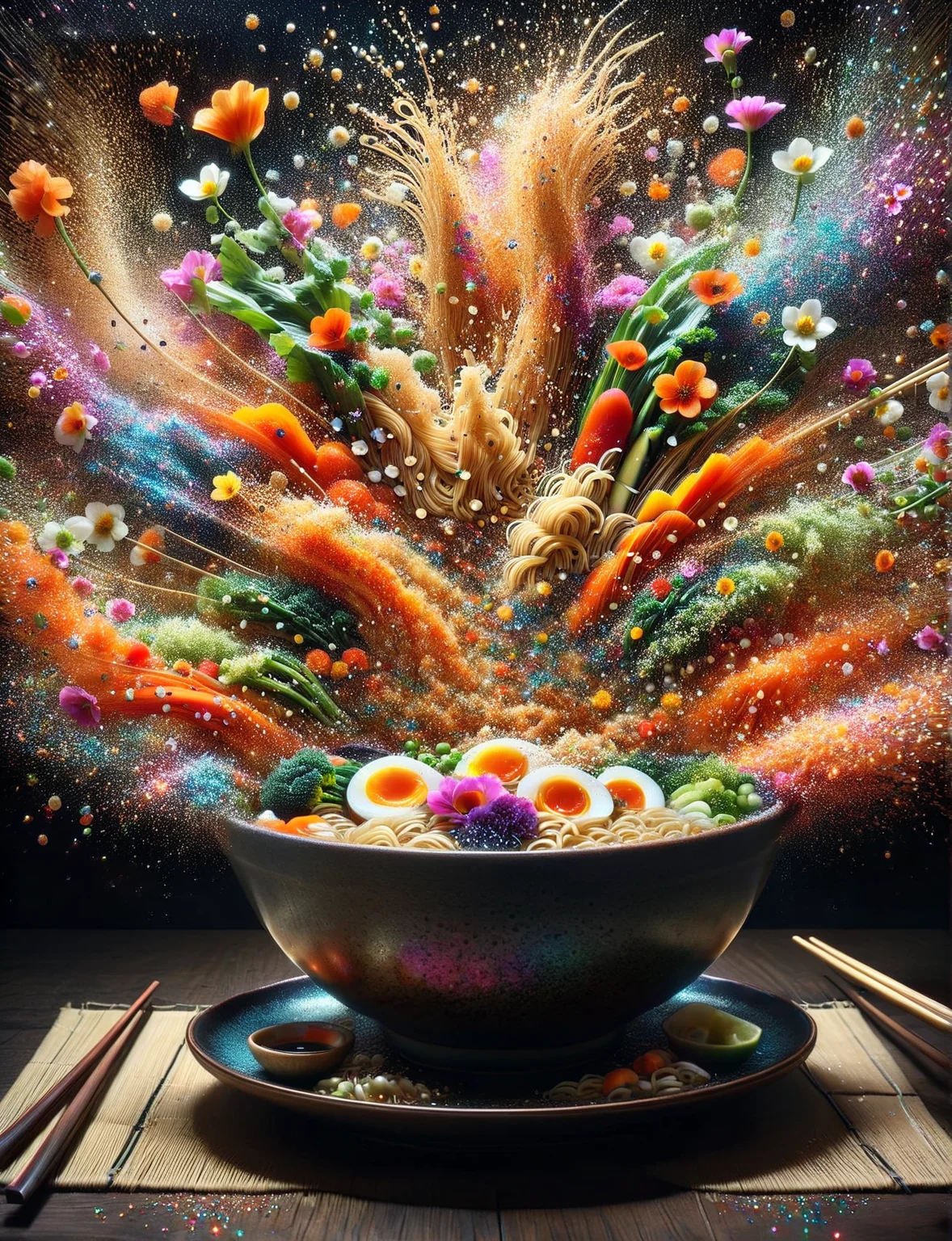 A ais-glttrbmb steaming bowl of ramen, vibrant with the colors of fresh vegetables and delicate flowers, placed on a traditional lacquered table <lora:ais-glttrbmb-sdxl:1>