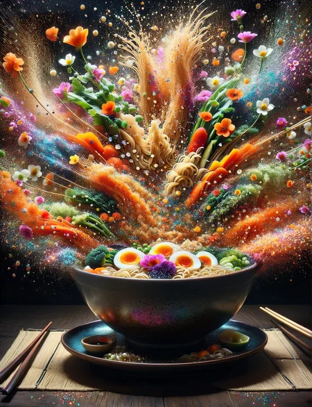 A ais-glttrbmb steaming bowl of ramen, vibrant with the colors of fresh vegetables and delicate flowers, placed on a traditional lacquered table <lora:ais-glttrbmb-sdxl:1>