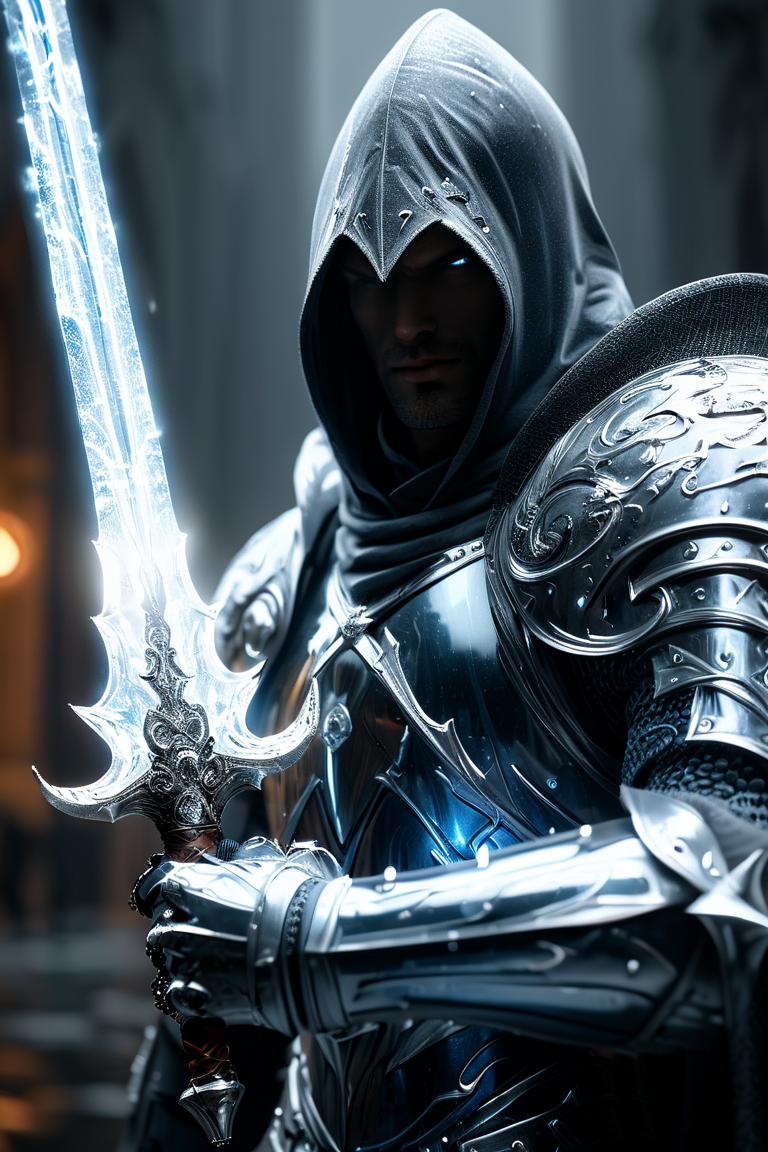 Cinematic shot of a hooded knight wearing GlassRay armor, holding GlassRay sword by the handle, sword pointing down, heaven in background, raining reflective light, HKStyle, HD, masterpiece, best quality, hyper detailed, ultra detailed, super realistic
