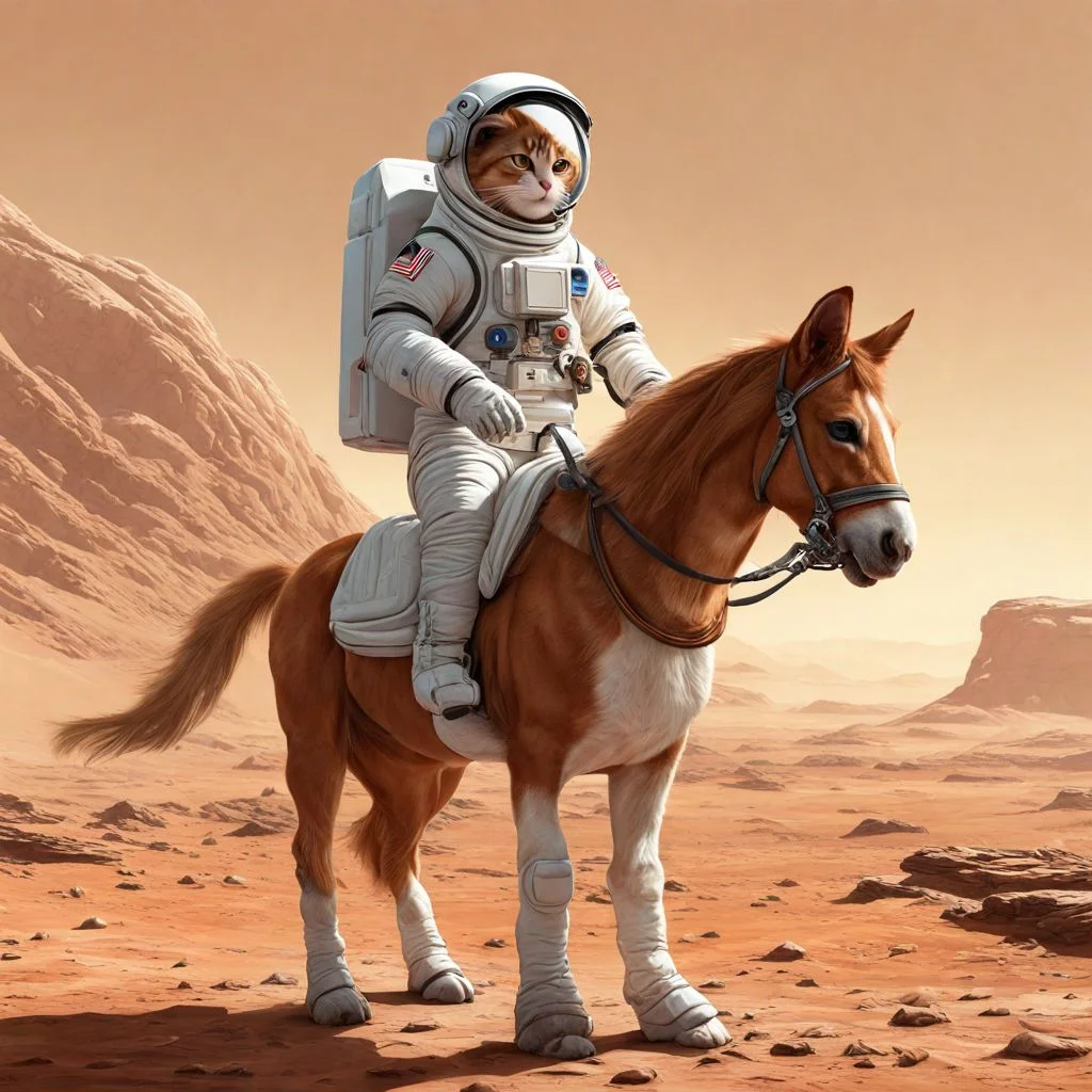 An astronaut HuMeow is riding a horse on mars <lora:SDXL-HuMeow-LoRA-r8-000003:1>