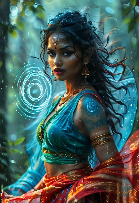 cinematic photo of Indian women, 1girl, professional, 4k, highly detailed, saree, wet hair, long hair, red lips, mature, cleavage, Heavy rain, cold look in eyes, glowing eyes, Highly detailed eyes, ((Spell rings, runic circles, mystical power, blue glowing particles, ais-darkpartz)), BadDream, OverallDetail, Bokeh blur, colorful, cp2077, masterpiece, photorealistic, tribal top, tribal sarong, tribal bodypaint,, meadow background, wind magic, green magic, wind,front view.