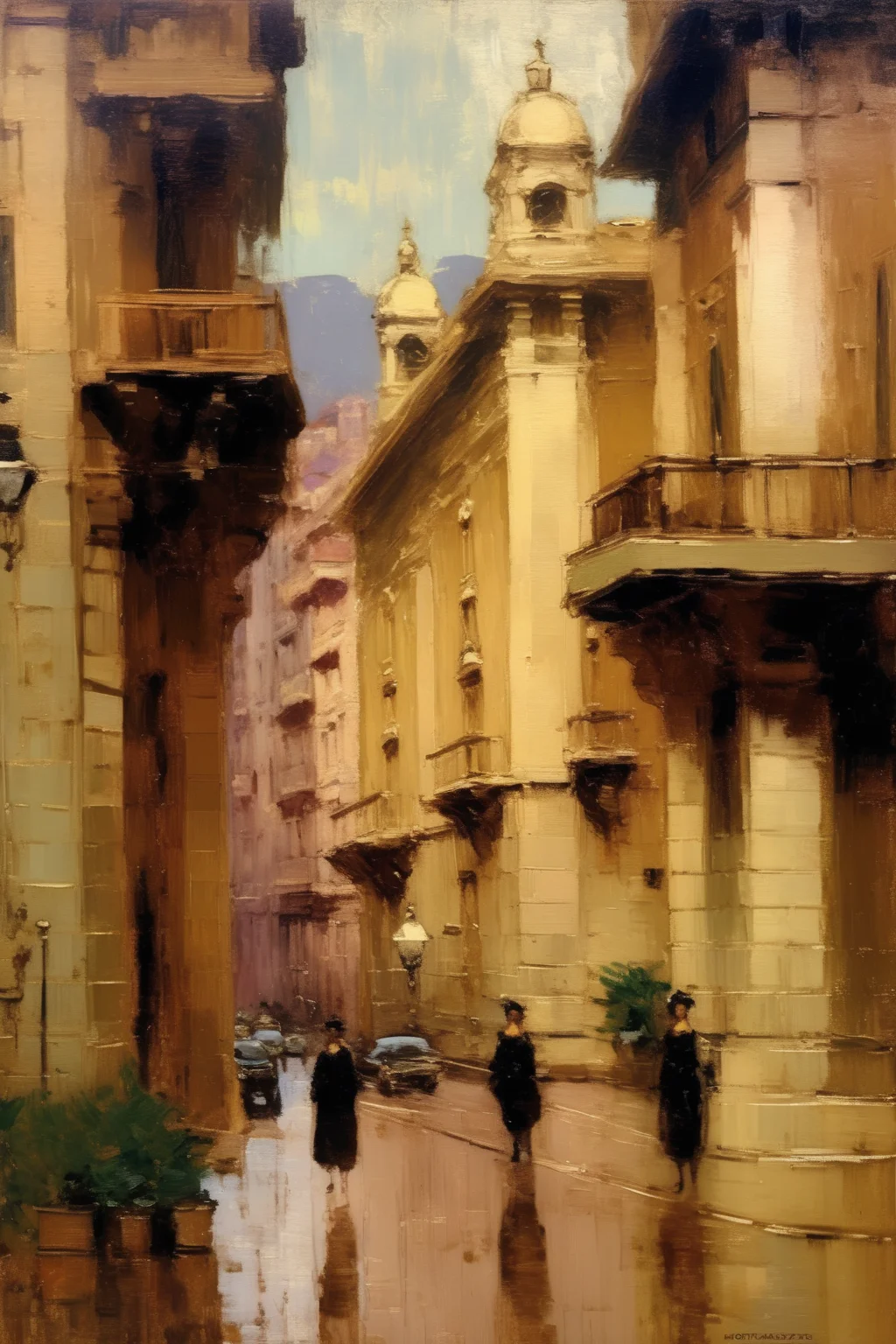 <lora:Konstantin Korovin Style:1>Konstantin Korovin Style - oil painting of a beautiful street view in downtown monaco. Muted colors. Artwork by Abbott Handerson Thayer.