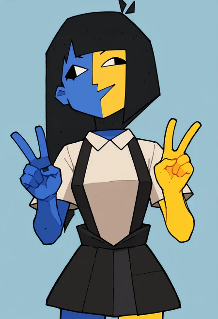 score_9, score_8_up, score_7_up, score_6_up, score_5_up, score_4_up, 1girl, <lora:Ena:0.9> solo, colored skin, yellow skin, blue skin, black eyes, suspenders, shirt, short sleeves, black skirt, v sign,
light blue background, simple background,