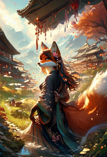 score_9_up,score_8_up,score_7_up,(masterpiece),(best quality),hyper detailed,perfect anatomy,anthro fox girl,foxfolk,dazzling,perfect face,
sexy,seductive,long hair,cleavage,black hair,print_kimono,furisode,orange furr,
wind_lift,dusk,outdoor,in spring,falling petals,cherry blossoms,looking_back,looking_at_viewer,dynamic_angle,