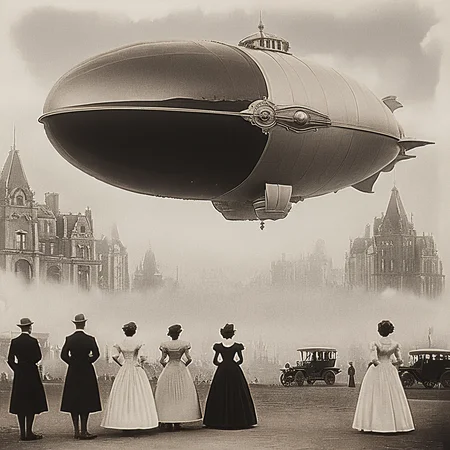 <lora:10s_Retro_Future_MovieSDXL:1> ArsMovieStill, movie still from a 1910s retro future  movie, The image shows a black and white photo of a group of people standing in front of a large airship with a vehicle in the foreground and buildings in the background. The people in the image are wearing dresses and the airship is visible in the sky., monochrome, greyscale, multiple girls, hat, aircraft, dress, 1boy, city, 2girls, building
