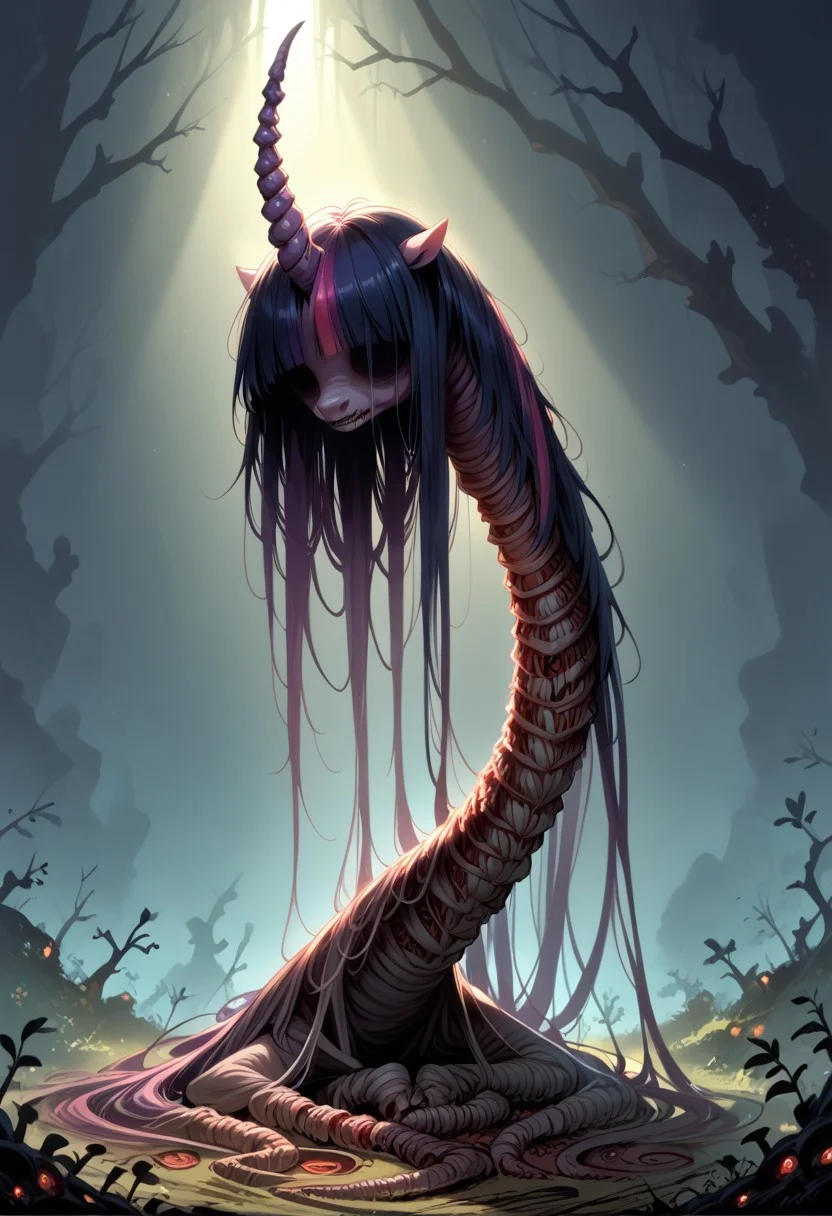 score_9, score_8_up, score_7_up, source_pony, solo, Nightmarish twilight sparkle, feral pony, wings, unicorn horn, (long legs, long neck, horror, no eyes, no face:1.5), close face view, (indirect lighting, dynamic lighting:1.4), simple background, (detailed image, high resolution, 5k resolution:1.0), (hyper realistic art style), (horror Art Style:1.2)