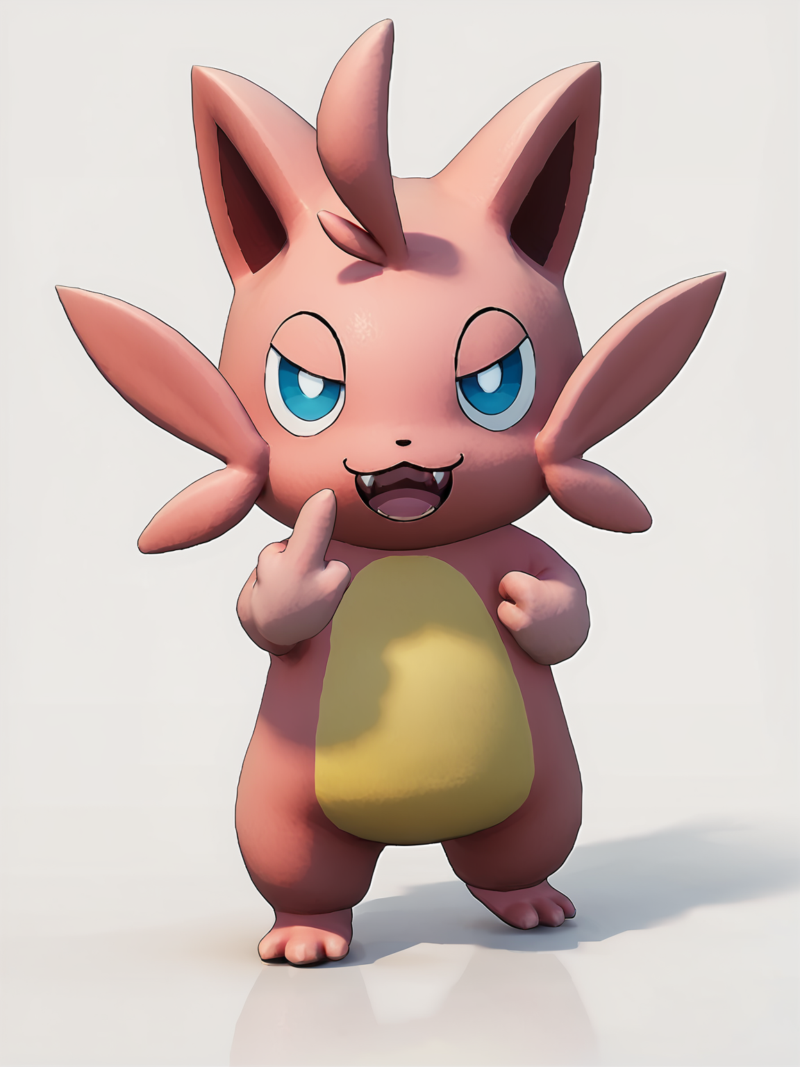 score_9, score_8_up, score_7_up, score_6_up, score_5_up, score_4_up, 3d, simple background, white background, full body BREAK
<lora:Cattiva_PDXL-000005:1> cattiva, pink body, yellow belly, blue eyes, looking at viewer, open mouth, fangs, middle finger
