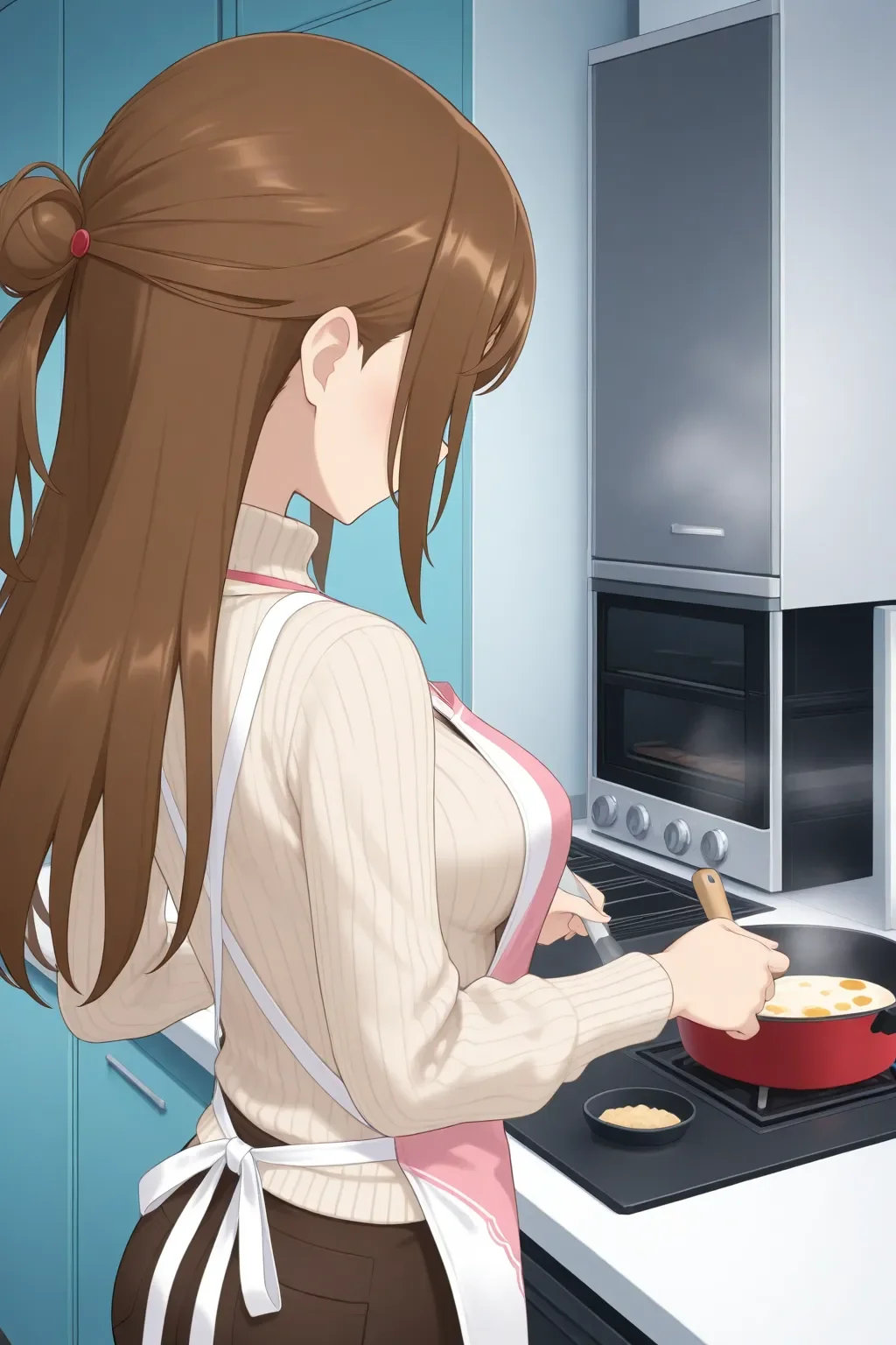 masterpiece, best quality, alicegear_koyui_ilxl <lora:alicegear_koyui_ilxl:0.85>1girl, solo, sweater, apron, cooking, from behind