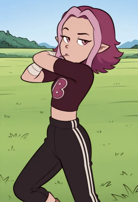 masterpiece, best quality, 1girl, solo, Jay, bandaged arms, pink eyes, medium hair, multicolor hair, short sleeved crop top, midriff, pointy ears, striped sweatpants, brown boots, tohstyle, posing, pose, outdoors, grass, day, sky, blue sky,