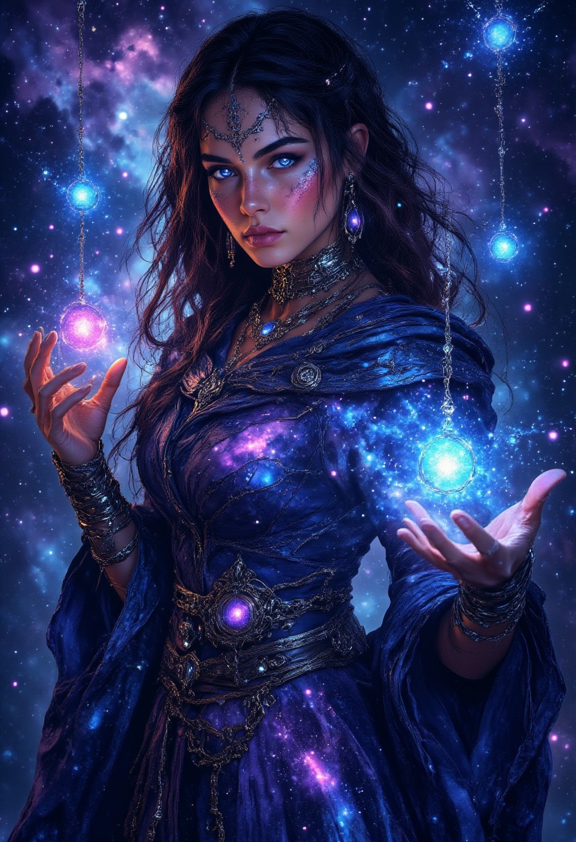 Nebula Enchantress
"A mesmerizing woman with iridescent, shimmering skin appears to be made of swirling nebulae, her hair a cascade of glowing constellations. Her translucent gown flows like liquid light, shifting through cosmic hues of magenta, deep blue, and violet. She raises her hands, and entire galaxies spiral from her fingertips, illuminating the void with celestial magic."