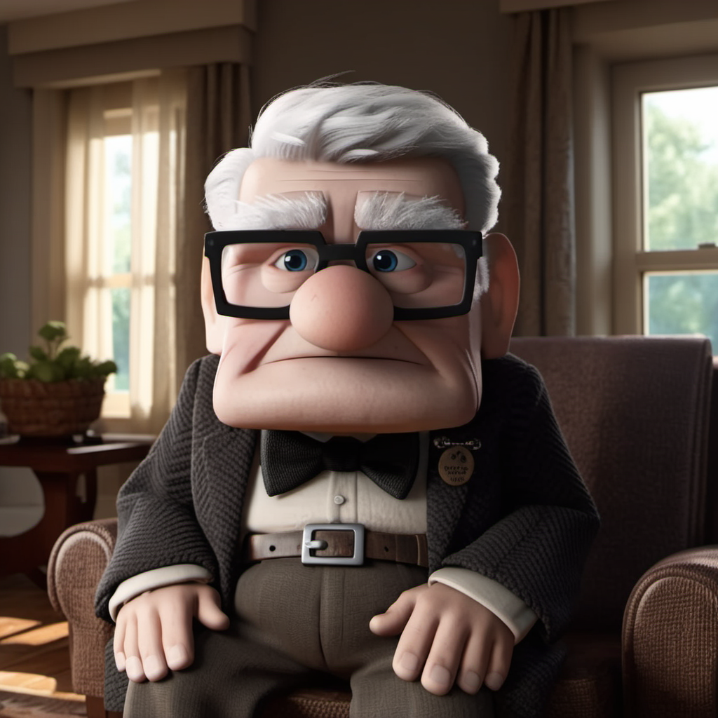 CarlFredricksen1024, an old man sitting in a living room, detailed eyes, highly detailed , photography, ultra sharp, film, bokeh, professional, 4k  <lora:add-detail-xl:1.5>  <lora:CarlFredricksen1024:0.8>