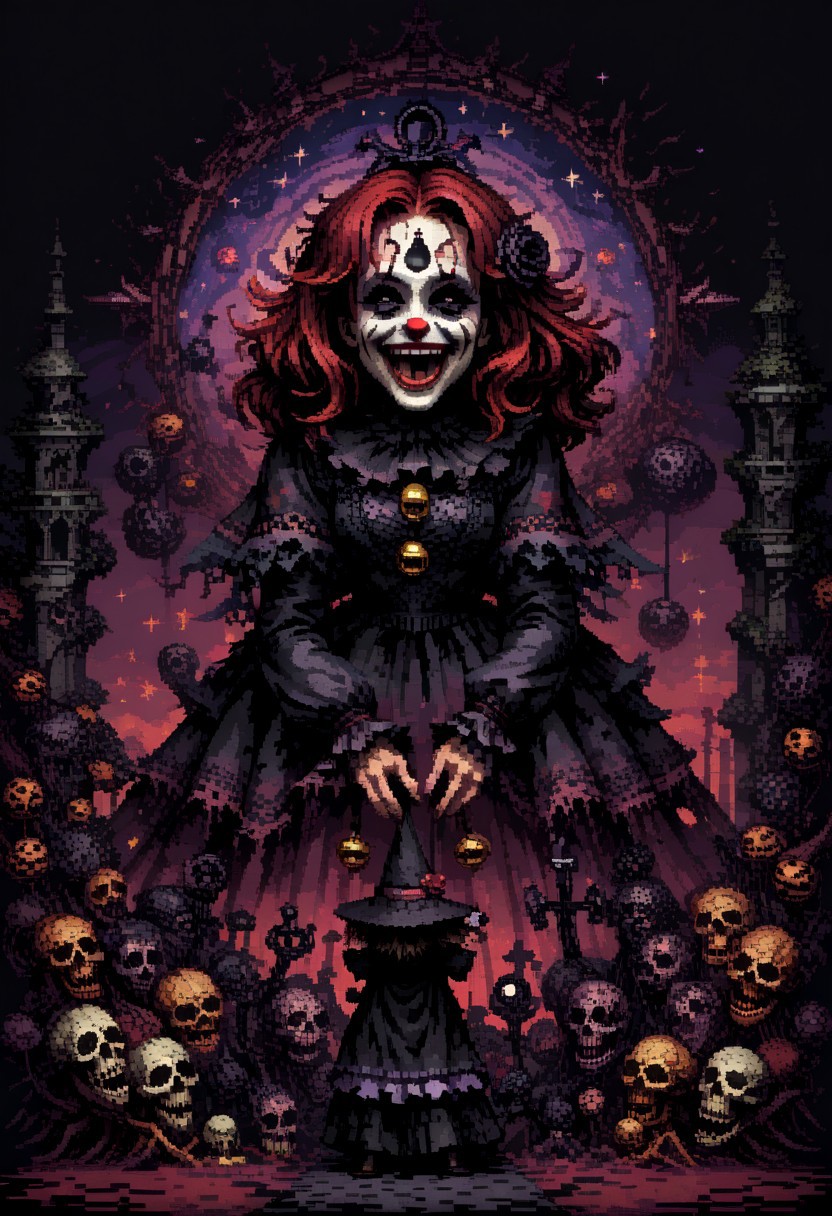 score_9, score_8_up, score_7_up, yamer_pixel_fusion, pixel art, circus, manse macabre, die laughing, hyper-detailed, cosmic horror, scifi, d3p1x3l, pixel art