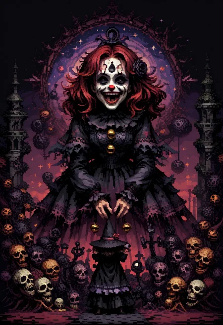 score_9, score_8_up, score_7_up, yamer_pixel_fusion, pixel art, circus, manse macabre, die laughing, hyper-detailed, cosmic horror, scifi, d3p1x3l, pixel art