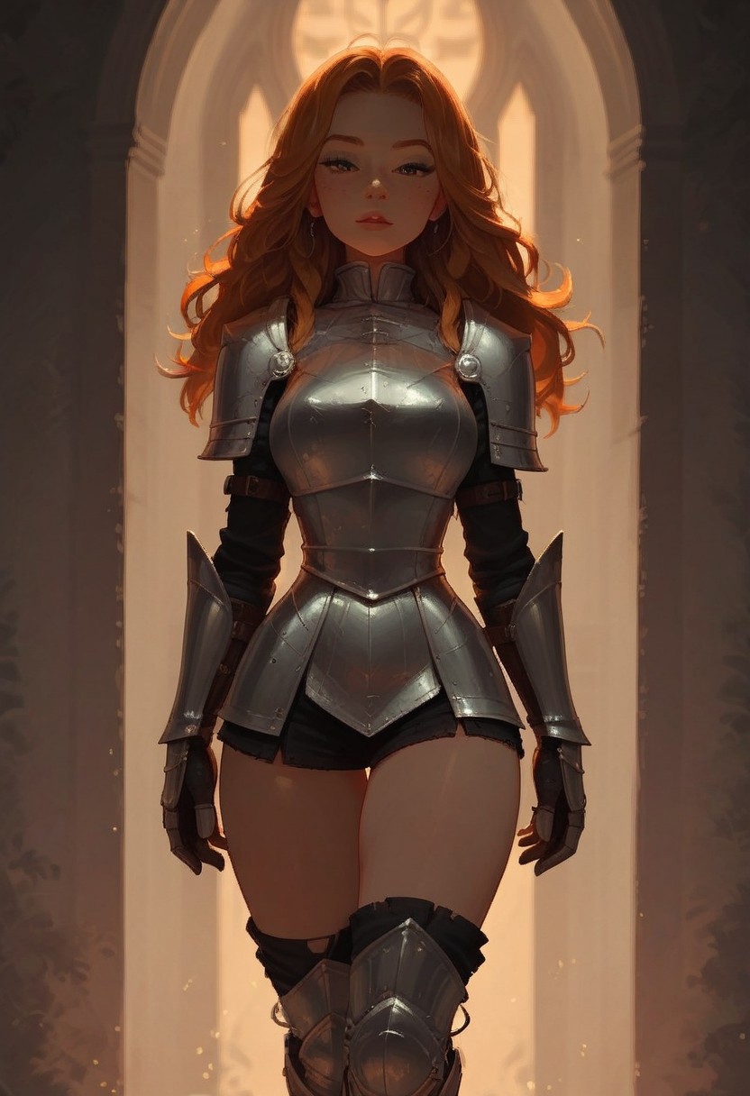 score_9, score_8_up, score_7_up, score_6_up, 1girl, solo,wearing shiny knight armor,knight armor, cute freckled face, cute round face, thin waist, short, lidded eyes, full body shot,steamy, golden hour lighting, some skin visible,warm lighting, good lighting, looking at viewer