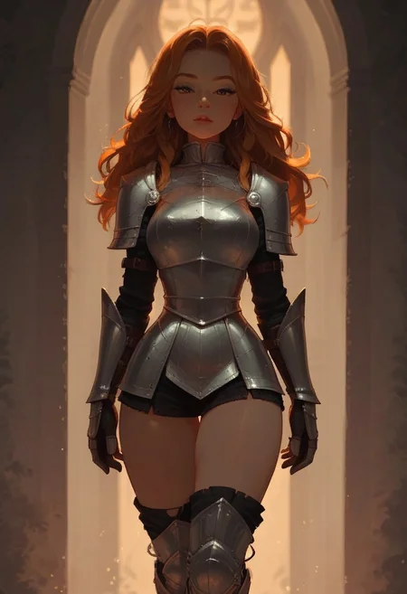score_9, score_8_up, score_7_up, score_6_up, 1girl, solo,wearing shiny knight armor,knight armor, cute freckled face, cute round face, thin waist, short, lidded eyes, full body shot,steamy, golden hour lighting, some skin visible,warm lighting, good lighting, looking at viewer