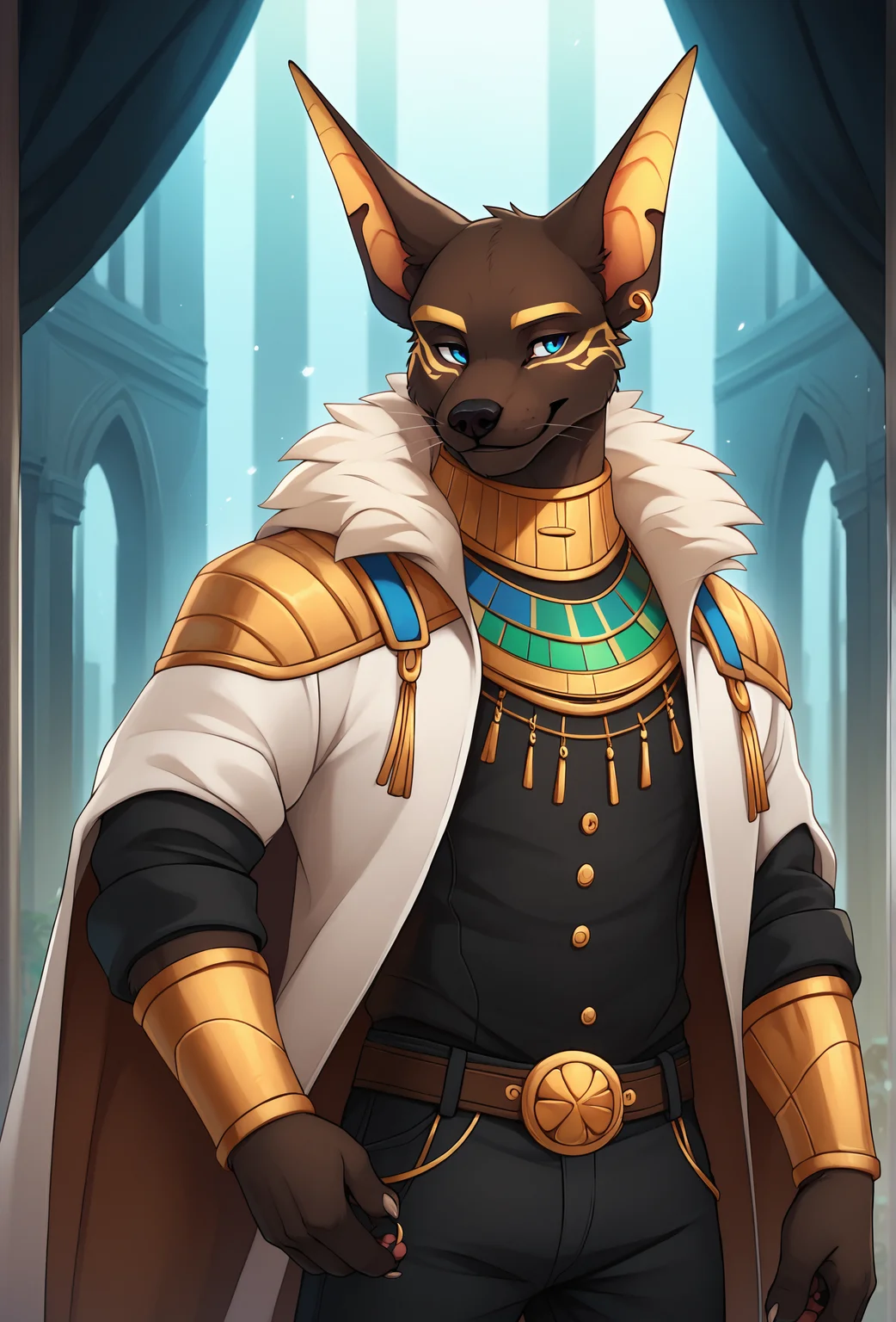score_9, score_8_up, score_7_up, score_6_up, score_5_up, score_4_up, <lora:fluffkevlar_style_ponyXL_v1:1.0>, rating_safe,
1boy, anubian jackal, furry, blue eyes, gold markings, jewelry, smile, whiskers, , white jacket, fur trim, open jacket, pants, , black fur