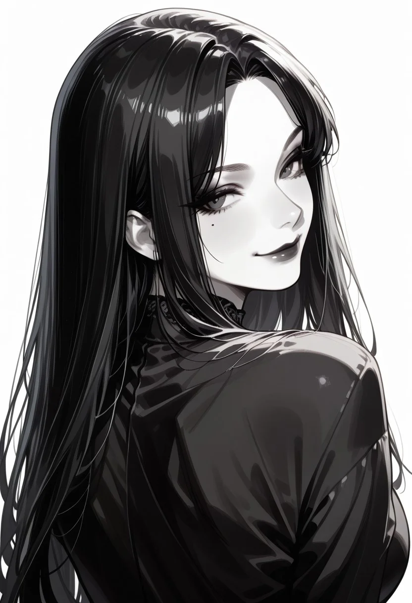 score_9, score_8_up, score_7_up, masterpiece, best quality, 32k, high resolution, absurdres, Morgana, MorganaRH , 1girl, very long black hair, parted hair, straight hair, black eyes, one mole under the mouth, large breasts, large hips, short tube dress, sexy pose, seductive, white background, goth, face closeup, smiling, closed mouth, Dutch angle, monochrome,b/w, portrait, back view, from behind shot