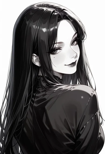 score_9, score_8_up, score_7_up, masterpiece, best quality, 32k, high resolution, absurdres, Morgana, MorganaRH , 1girl, very long black hair, parted hair, straight hair, black eyes, one mole under the mouth, large breasts, large hips, short tube dress, sexy pose, seductive, white background, goth, face closeup, smiling, closed mouth, Dutch angle, monochrome,b/w, portrait, back view, from behind shot
