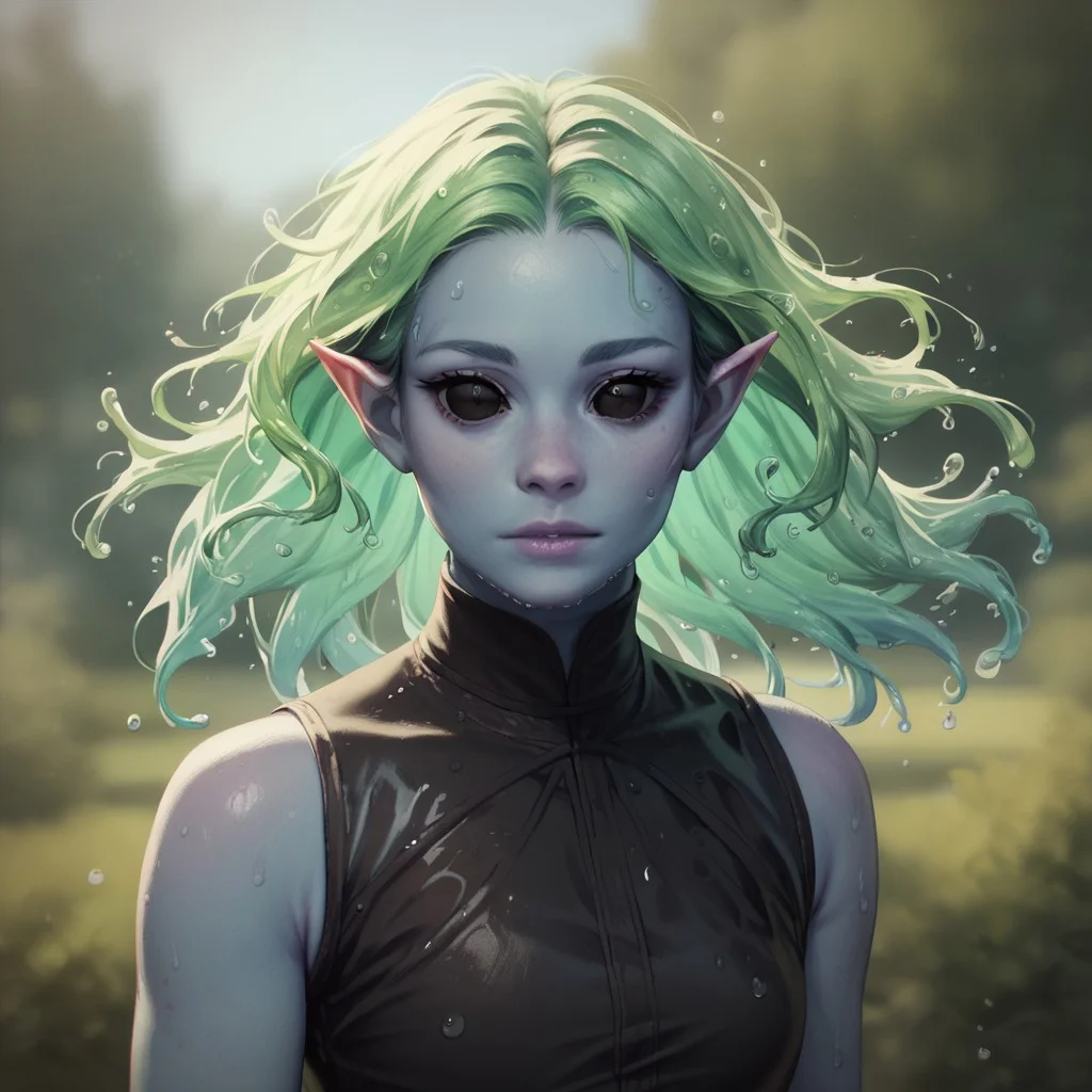 (((detailed, beautiful, high quality))), upper Body, score_9, score_8_up, score_7_up,
watergenasi, pointed ears, floating hair, liquid hair, wet clothes, wet body,
big black eyes, 1 girl, blue skin, green hair, black top,
looking at the viewer, posing, blurred background, blurred fantasy background,