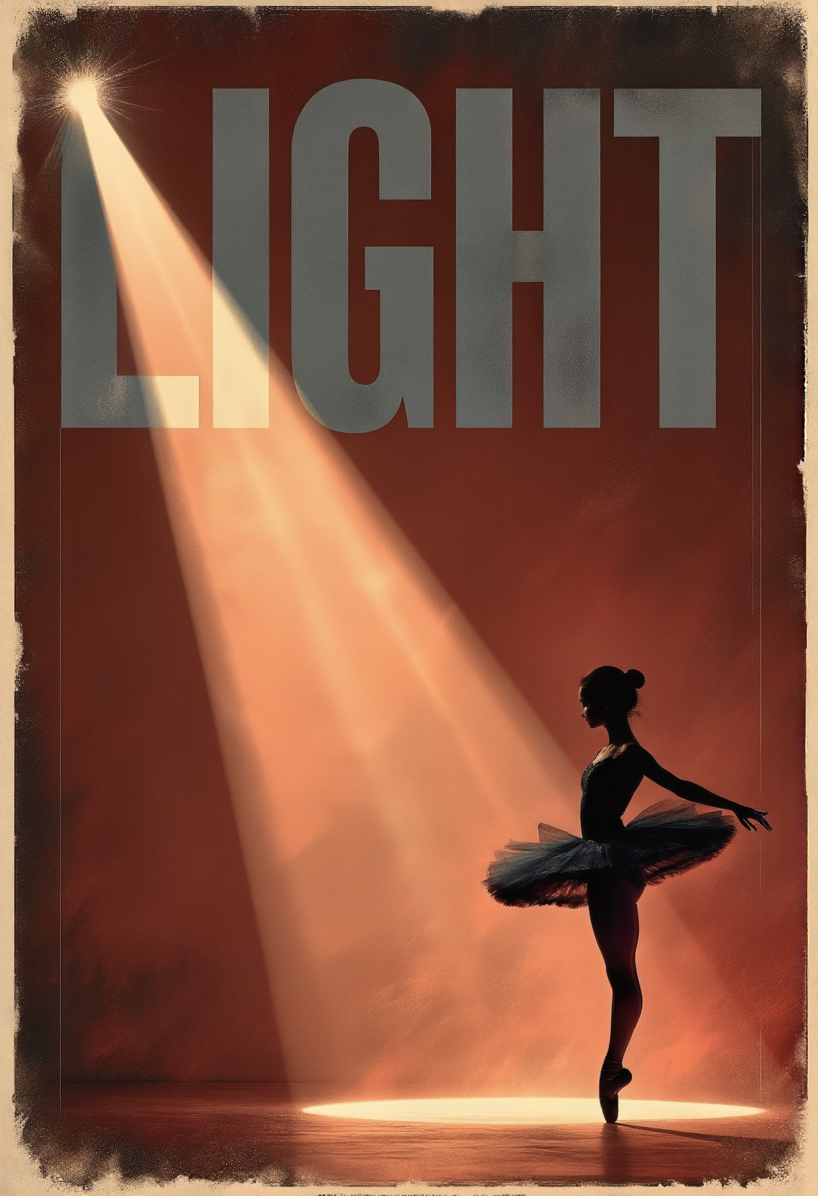 The word “LIGHT” appears in large, bold, dark grey letters, positioned at the top of the frame, illuminated by a dramatic spotlight that forms at the top left. The spotlight originates precisely from the letter “L”, giving the sensation of being tied to the letter L. The spotlight tied to the letter “L” projects an intense beam downwards, diagonally. Within this beam, a complex silhouette of a dancing ballerina stands to the right of the frame, performing a dynamic pirouette in a dynamic, slightly agitated pose. The background is a muted reddish brown with subtle texture variations, evoking a vintage or retro aesthetic. Below the figure, the beautiful design emphasizes the title and the spotlight effect, creating a dramatic, somber atmosphere with bold typographic elements. The overall style resembles a vintage poster, with a strong, intense mood, simplified symbolic imagery, and a warm, burnt color palette. The focus remains on the title and the spotlight, generating an air of tension and mystery.


aidmaMJ6.1
gl1tchc0re