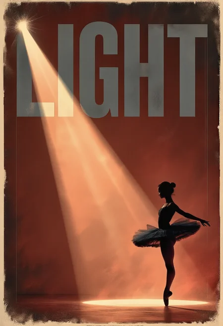 The word “LIGHT” appears in large, bold, dark grey letters, positioned at the top of the frame, illuminated by a dramatic spotlight that forms at the top left. The spotlight originates precisely from the letter “L”, giving the sensation of being tied to the letter L. The spotlight tied to the letter “L” projects an intense beam downwards, diagonally. Within this beam, a complex silhouette of a dancing ballerina stands to the right of the frame, performing a dynamic pirouette in a dynamic, slightly agitated pose. The background is a muted reddish brown with subtle texture variations, evoking a vintage or retro aesthetic. Below the figure, the beautiful design emphasizes the title and the spotlight effect, creating a dramatic, somber atmosphere with bold typographic elements. The overall style resembles a vintage poster, with a strong, intense mood, simplified symbolic imagery, and a warm, burnt color palette. The focus remains on the title and the spotlight, generating an air of tension and mystery.
aidmaMJ6.1
gl1tchc0re