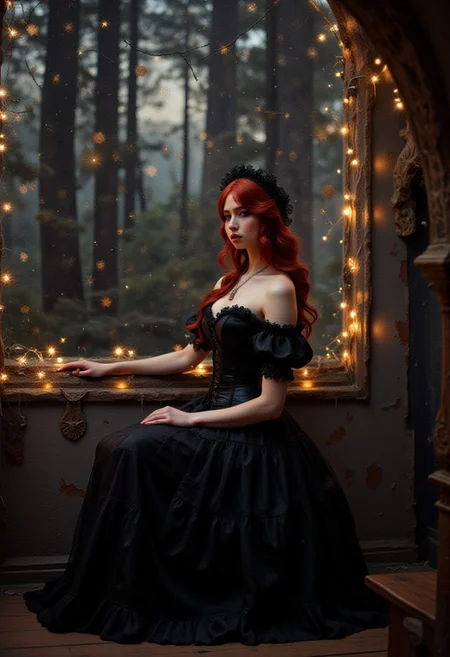 darkfantasycollagestyle, art nouveau style dark white "Armitage Codebusting", elegant, decorative, curvilinear forms, nature-inspired, ornate, detailed, <lora:flux-collagestyle:1>, holy, elaborate, perfect composition, ambient illumination, luxurious, dynamic dramatic beautiful full taking,
Her long, flowing red hair cascades down her back, styled with delicate frills and adorned with a frilled hairband that features intricate lace trim. Perched atop her head, a charming bonnet enhances her whimsical look.
She sits gracefully, her bare shoulders accentuated by the elegant puffy short sleeves of her black dress. 
The dress is a masterpiece of design, featuring layers of soft fabric with frills that sway softly as she shifts. 
Girl sits in front of a large window, looking at the camera. The room is dimly lit, Stars in the sky, designed by Kenny Scharf, Paul Laffoley, patterns, PsychadelicChaos, midjourneyv6.1