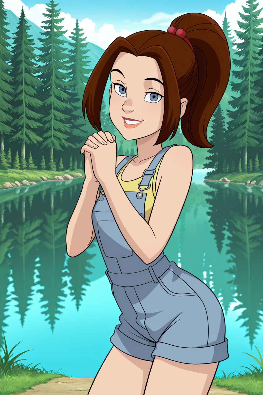 (((official style)), perfect anatomy, perfect eyes, cowboy shot) BREAK <lora:ShadowcatILL:1> 1girl, brown hair, blue eyes, ((looking at viewer)), hair ornament, yellow tank top, overalls, overall shorts, hiking boots, arched back, teasing viewer, hands clasped together, hiking, mountains, lake, woods, outdoors