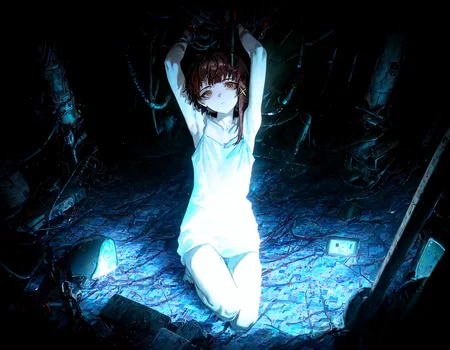 masterpiece, best quality, amazing quality, very aesthetic, absurdres,  newest, soft lighting, dark light,
1girl, iwakura lain,  solo,  thigh_gap , dark_background, cable, looking_at_viewer ,pile , spaghetti_strap , utility_pole,wire,entangled, digital_rain, from above, white camisole ,head up, head tilt,
optical illusion,yoneyama mai,quasarcake:0.7, rolua, negative space, cinematic shot, very awa, science fiction,matrix, code, digital,computer, glitch, covered  in wire, squatting, armpit, thick thigh, green background,
<lora:cfg_scale_boost:0.7>, <lora:illustrious_noobai_epsilon_pred_11_very_aesthetic_v1:0.6>, <lora:illustrious_noobai_epsilon_pred_1_masterpieces_v1:0.6>, <lora:illustrious_noobai_epsilon_pred_1_best_quality_v1:0.6>, <lora:Lain_PonyXLv3:0.7>, <lora:Code__Digital_World_Morph_v2_PONY_XL_by_UOC:0.7>, <lora:USNR STYLE_XL_loha:0.7>