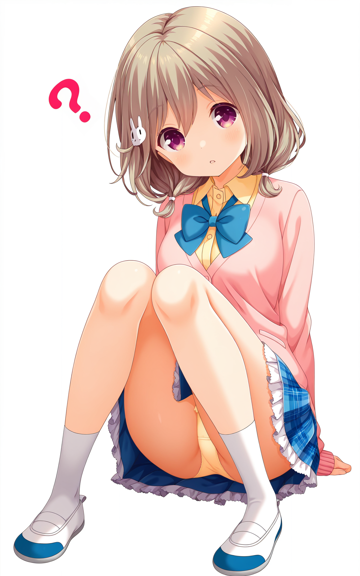 masterpiece, best quality, good quality, newest,4k, perfect lighting, cinematic, very aesthetic, official art, anime screencap, anime coloring,(((white background, simple background))),
1girl,solo,kazemachi haruka,brown hair,short hair,hair ornament,rabbit hair ornament,purple eyes,
seio school uniform,pink cardigan,yellow shirt,collared shirt,blue bowtie,sleeves  past wrists,blue skirt,plaid skirt,frilled skirt,pleated skirt,panties,white socks,blue uwabaki,
expressionless,head tilt,parted lips,?,looking at viewer,sitting,arms at sides,knees up,knees together feet apart,crotch,facing viewer,BREAK
<lora:ILharuka:1>