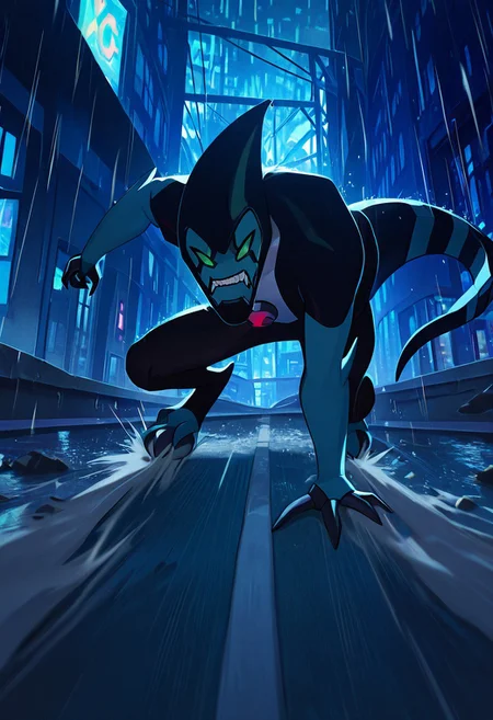 masterpiece, best quality, amazing quality, very aesthetic, absurdres, newest,, detailed background,
movie scene, cinematic scene, cinematic, foreground blur, depth of field,
xlr8, blue skin, green eyes, 1boy, stripped tail, reptile tail, green sclera, pokemon (creature), alien, black chin, smile, sharp teeth, grin, raining, night city,
akira_slide, on ground, crouching, slide, road, city, , speed lines, dirty city,