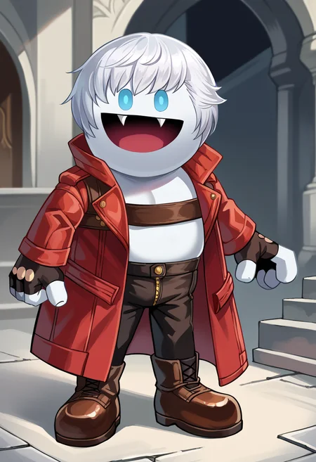score_9, score_8_up, score_7_up, source_anime, BREAK solo, <lora:Jack-Frost-Maker-pdxl_Fp:1>, jackfrostmaker, open mouth, creature, fang, full body, white skin, <lora:dmc3_dante_ponyXL:1>, dmc3dante, red coat, bandeau, fingerless gloves, black pants, boots, standing, white hair,