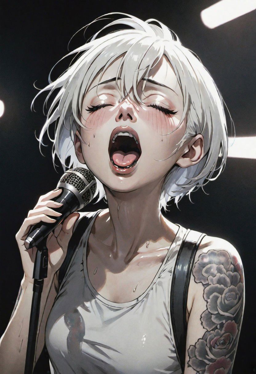 1girl, highly detailed microphone in front of the subject, in the art style of Junji Ito, white hair, closed eyes, one eye peeking, open mouth, tongue, orgasmic facial expression, indoors, lips, makeup, short messy hair, solo, tattoo, arms behind head, sweating, sweaty, cinematic angle, foreshortening, dark background, cinematic lighting, masterpiece, best quality