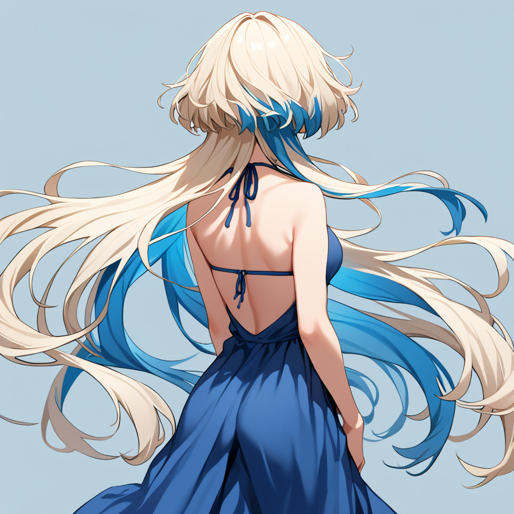 score_9, score_8_up, score_7_up, simple background, wind,
1girl, jfcut, long hair, from behind, halterneck, multicolored hair, 
 <lora:jellyfish_haircut_pony_v1:0.7>