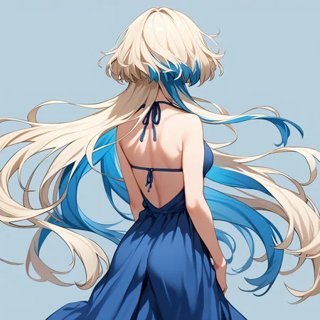 score_9, score_8_up, score_7_up, simple background, wind,
1girl, jfcut, long hair, from behind, halterneck, multicolored hair, 
 <lora:jellyfish_haircut_pony_v1:0.7>