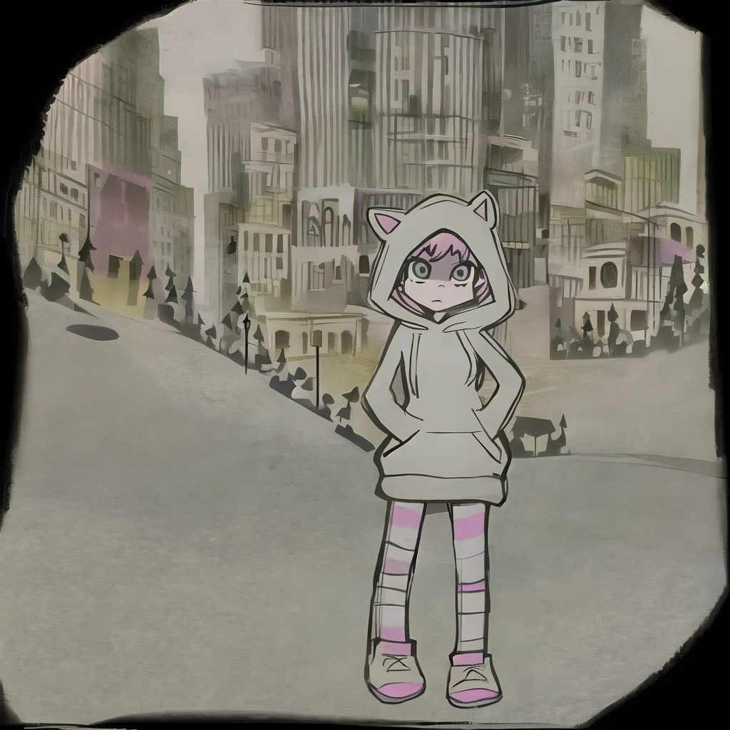 a cartoon drawing of a girl in front of a city in a hoodie close up, pansto art style,