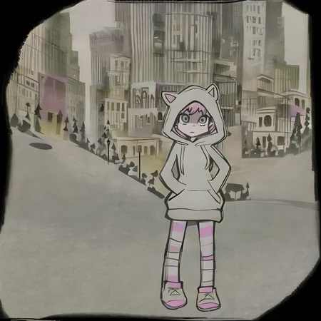 a cartoon drawing of a girl in front of a city in a hoodie close up, pansto art style,