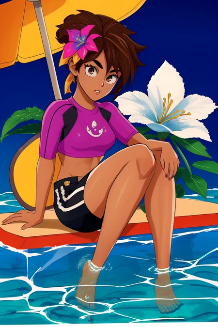 taliyah, pool party taliyah, taliyah pool party, 1girl, solo, looking at viewer, brown hair, hair ornament, navel, brown eyes, sitting, braid, flower, parted lips, shorts, barefoot, midriff, hair flower, dark skin, water, dark-skinned female, crop top, blue flower, soaking feet, surfboard,
thick eyebrows, freckles, <lora:taliyahLeagueOf_v20:0.5> <lora:ultraplusStyleBy_v10:1>